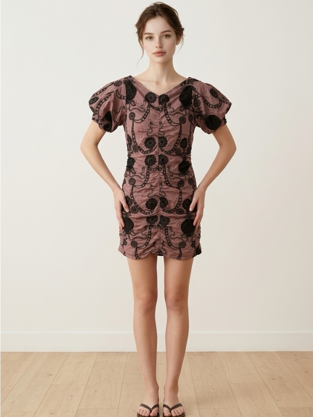 NWT Free People Elegant Black and Mauve Embroidered Floral Dress | XS |